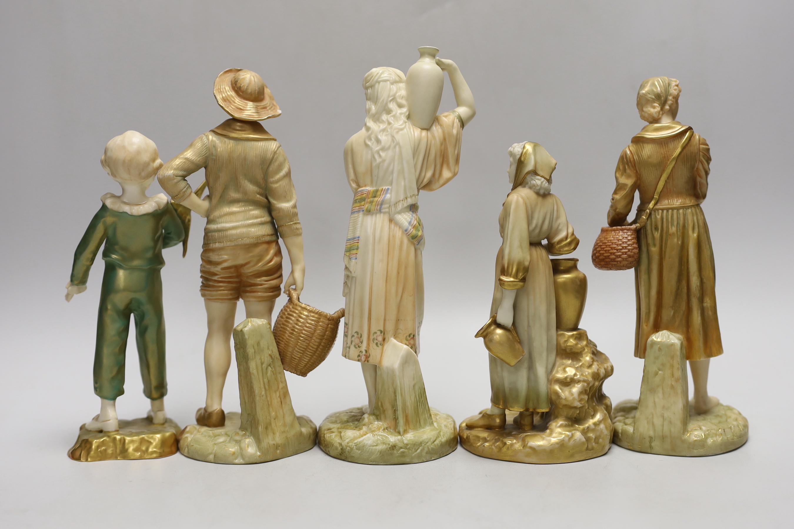 Five Royal Worcester blush ivory figures, tallest 21cm